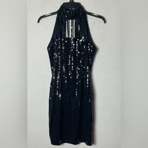 NITELINE VINTAGE BLACK SEQUIN MINI DRESS CUTOUT 1980S SIZE 4